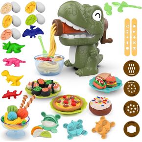 Dinosaur Noodle Maker Play Dough Set for Kids 3-8, Pattheboo 36 PCS Kitchen Toys with Dinosaur Egg Molds, Color Dough for Noodles, Ice Cream & Cookies, Birthday Gift for Boys & Girls