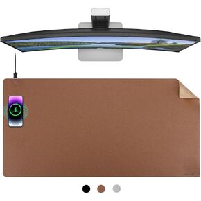EYStech™ Wireless Charging Desk Pad 2-in-1 Premium Leather Waterproof Mouse Mat for Office Home Work Computer Keyboard Charger for iPhone Android Devices AirPods Smartwatch (Brown - L) (36'' x 17'')