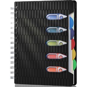 CAGIE 5 Subject Notebook with Dividers, 240 Pages Spiral Notebook 5x7, Small Spiral Notebook College Ruled,100gsm Lined Journal Notebooks with Tabs for Work, School,Office, Note Taking, Black