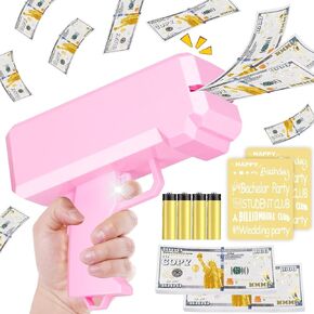 Pink Money Gun Shooter and 201 PCS Props (No Real Function) and 5 Style Stickers and 4 AA Batteries, Money Gun That Shoot Money, Make It Rain Money Thrower Gun Handheld Fake Gun Toy Party Supplies