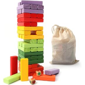 GSE Games & Sports Expert 54-Piece Multi-Color Mini Tumbling Timbers Set, Wooden Blocks Stacking Floor Game, Tower Building Blocks Balancing Game with Bag (Build to Over 1.8ft)