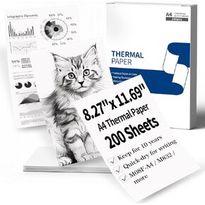 A4 Thermal Paper - 8.27" x 11.69" (210mm x 297mm) Quick-Dry Printing Paper, Compatible with Phomemo M08F-A4 M832 M831 M833 M834 M835 Q301 Q302 Thermal Printer for Documents Contracts, 200 Sheets