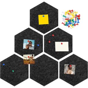uxcell 6 Pcs Hexagon Felt Pin Board with 40 Pcs Pushpins 8.7" x 7.5" Self Adhesive Felt Bulletin Board Cork Boards for Walls Decorations Paste Notes Photos Schedules, Black