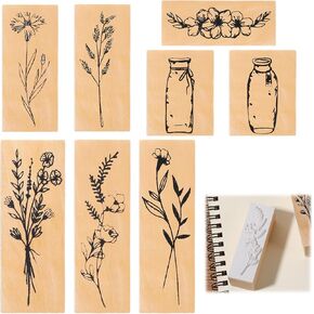 TIESOME 8 PCS Vintage Wooden Rubber Stamps, Plant and Flower Decorative Wooden Rubber Stamp Set for DIY Crafting Scrapbook Painting Letters Diary Teaching and Card Making (Forest Whispers)