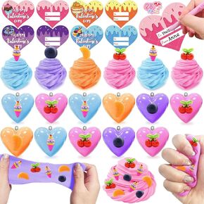 28 Pack Valentines Butter Slime Filled Heart with Fruit Charms Valentines Cards Gifts for Kids Girls Boy Non-Sticky Putty Stress Relief Toy Valentines School Classroom Exchange Party Favor
