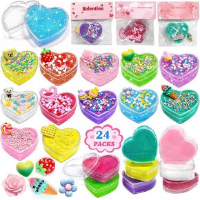 24 حزمة هدايا عيد الحب للأطفال زبدة زبدة Shimmery Heart Slime Kit Craft للبنين والبنات مع حفل بطاقة لصالح مدرسة التبادل (الوحل)