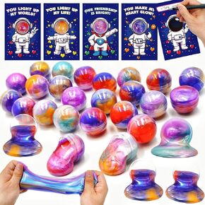 28 Pack Valentines Day Gifts for Kids, Valentines Galaxy Slime with Valentines Cards Stress Relief Fidget Set Valentines Day Gifts for Kids School Classroom Exchange Party Favors Supplies