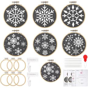 JarThenaAMCS 6 Sets Winter Embroidery Kit Gray Snowflake DIY Needlepoint Kit with Patterns, Embroidery Hoop Threads Needles Embroidery Starter Kit for Winter Xmas Holiday