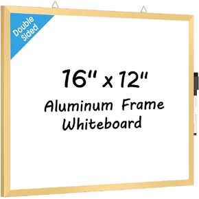 MaxGear Dry Erase Board for Wall, Gold Aluminum Frame, 16" x 12" Small Hanging White Board with a Black Marker, Portable Small Double Sided Whiteboard for Planning, Drawing, Memo, to Do List