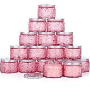 18-Pack 4oz Embossed Glass Candle Jars with Lids and Labels - Sun Moon Stars Design (Pink)