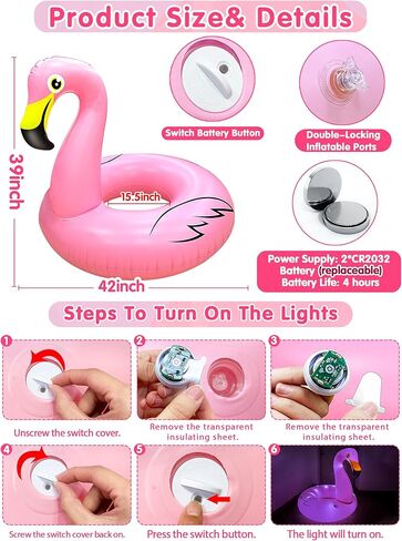 [2 أوضاع مضاءة] تضيء بركة فلامنغو قابلة للنفخ للبالغين ، وحلقات أنبوب السباحة التي تعمل بالبطارية ، و 42 '' Lake Beach Beach Floatie Summer Summer Party Pool Raft for adult in Kuwait