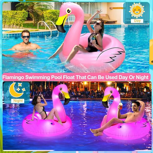 [2 أوضاع مضاءة] تضيء بركة فلامنغو قابلة للنفخ للبالغين ، وحلقات أنبوب السباحة التي تعمل بالبطارية ، و 42 '' Lake Beach Beach Floatie Summer Summer Party Pool Raft for adult in Kuwait