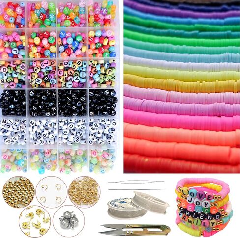 Clay Beads Jewelry Making Kit 10,500PCS - Complete Bracelet Making Kit for Kids with Flat Beads, Polymer Clay Flat Letter Beads, Preppy Bracelet Kit for DIY Heishi Bead Kit in Saudi Arabia
