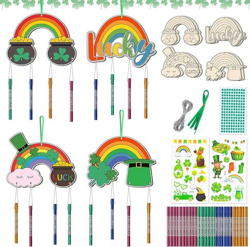 12 حزمة رنين الرياح طقم للأطفال تصنع الرياح الخاصة بك رنين الرياح DIY الفنون والحرف الحرف الزخرفية تلوين حلي معلقة خشبية للفتيات الفتيان المنزل مستلزمات الحفلات المدارس (ST. Patrick's) in Kuwait