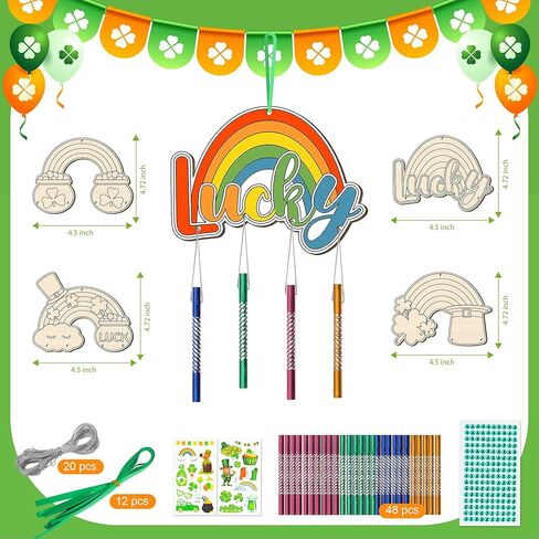 12 حزمة رنين الرياح طقم للأطفال تصنع الرياح الخاصة بك رنين الرياح DIY الفنون والحرف الحرف الزخرفية تلوين حلي معلقة خشبية للفتيات الفتيان المنزل مستلزمات الحفلات المدارس (ST. Patrick's) in Kuwait