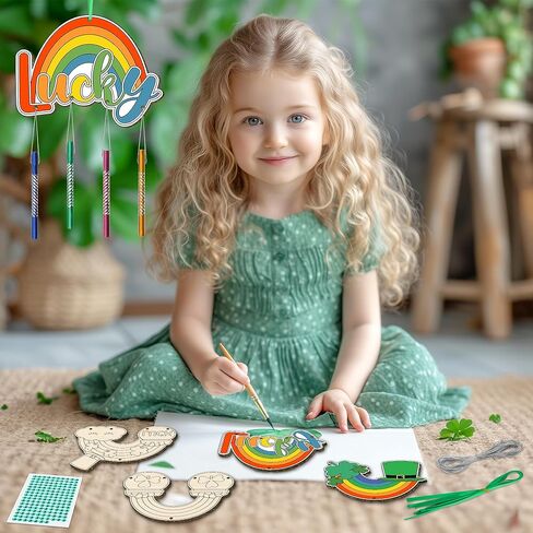 12 حزمة رنين الرياح طقم للأطفال تصنع الرياح الخاصة بك رنين الرياح DIY الفنون والحرف الحرف الزخرفية تلوين حلي معلقة خشبية للفتيات الفتيان المنزل مستلزمات الحفلات المدارس (ST. Patrick's) in Kuwait