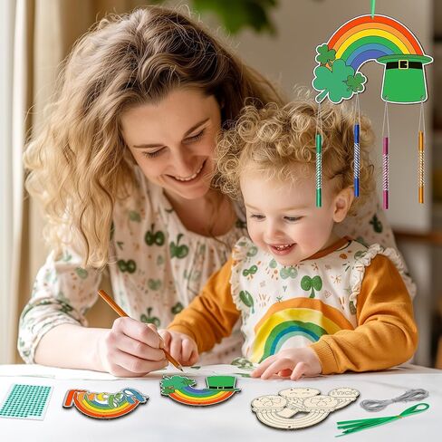 12 حزمة رنين الرياح طقم للأطفال تصنع الرياح الخاصة بك رنين الرياح DIY الفنون والحرف الحرف الزخرفية تلوين حلي معلقة خشبية للفتيات الفتيان المنزل مستلزمات الحفلات المدارس (ST. Patrick's) in Kuwait