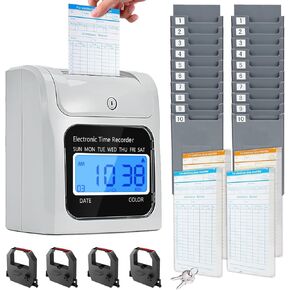 Time Clock Bundle with 200 Time Cards, 4 Ink Ribbons, 2 Ten-Slot Time Card Racks, & 2 Security Keys, Auto-Align Employee Time Clocks for Small Business