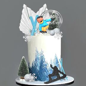 Skiing Cake Toppers Winter Skiing Party Decorations Skiing Player Ornaments Snowboard pine Trees Cake Decorations for Winter Sport Party Skiing Theme Supplies