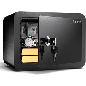 0.23 Cub Safe, Small Safe Box with Key, Mini Home Safes for Money, Coin and Cash, Security Safe for Kids, Lock Box for Personal Items, Black, 6.69 x 9.06 x 6.69 Inches