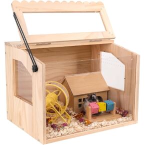 DZWLKJ Wooden Hamster Cages and Habitats, 16“ Guinea Pig Cage, Small Animal Cage for Dwarf Syrian Hamsters Degus Mice & Other Small Pets. Big Hamster Habitat with Openable Door & Lace Window-2