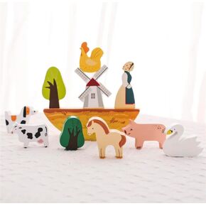 Handcrafted Wooden Farm Animal Figurines Set, Cow, Horse, Pig, Duck, Chicken, Tree, Windmill
