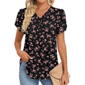 HOTGIFT Womens 2024 Summer Tunic Tops Casual Short Sleeve V Neck Blouse Buttons Chiffon Tshirts for Leggings Soft Comfy