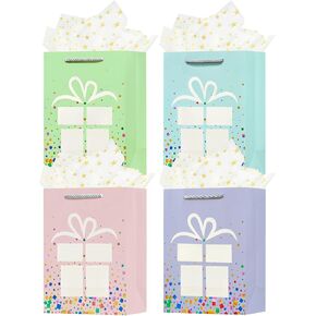 OFIHANLY 4Pcs 9" Small Size Birthday Gift Bag with Handles for Women Men Boy Girls Kids Party Transparent Window Paper Gift Wrap Bags with Tissue Paper for Wedding,Bridal Shower,Baby Shower