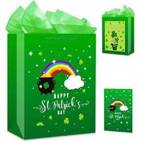 JUESMOS 13" Large St Patrick's Day Gift Bags with Tissue Paper Irish Shamrock Gift Bag with Handles Rainbow Clover Paper Gift Bags for Kids Teachers Classroom Party Favor Supplies