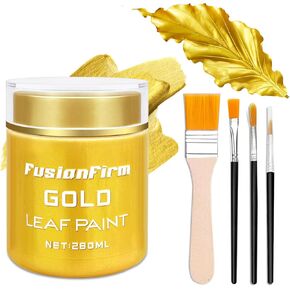 Acrylic Paint Metallic Gold, 280ml Liquid Gold Leaf Paint, Hand-crafts, Non-Toxic, Non-Fading Water-Based Gold Paint for Craft, Canvas, Wood, Fabric, Ceramic, Stone, with 1 Brush & 3 Paintbrushes