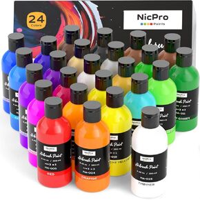 Nicpro 24 Colors Airbrush Paint (8.45 oz, 250 ml) with 1 Thinner, Large Bulk Ready to Spray Airbrush Paint Set, Opaque Water-Based Acrylic Air brush Paints for Model, Metal, Plastic, Wood, Canvas