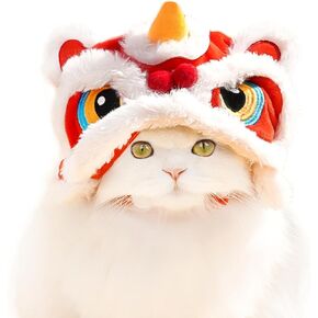 SEIS New Year Cat Lion Dance Hat Warm Pet Plush Cap Dog Head Accessorries Cosplay Hat for Small Dogs Cats (Head Circumference 13.8 inches, Lion Dance)