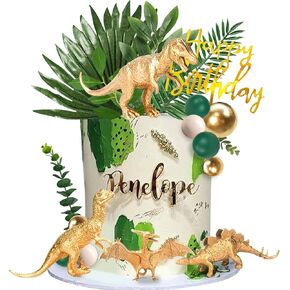21 PCS Gold Dinosaur Cake Toppers Dinosaur Figures Green Ball Cake Decoration for Boy Girl Birthday Baby Shower Dinosaur Theme Party Supplies (Gold)
