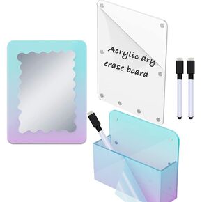 Svartur Iridescent Locker Accessories, Magnetic Locker Mirror and Pen Holder & Acrylic Magnetic Dry Erase Board for Fridge, Office, Back to School Essential Locker Set for Locker Organizer, Rectangle
