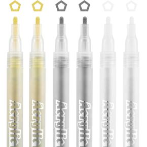 Acrylic Paint Pens, Set of 6, 2 Gold,2 White,2 Silver Marking Pen Extra Fine Tip, Model,Rock Painting, Fabric, Glass, Wood