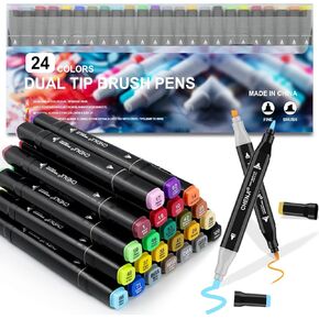24 Color Alcohol Marker Pens Set, Art Coloring Drawing Markers Pens for Adult Brush Tip Double Sided Art Supplies for Kids Sketching Card Making Illustration