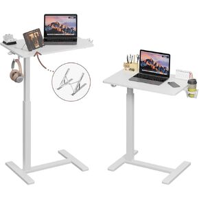 Gas Spring Adjustable Height Rolling Portable Laptop Desk, Mobile Standing Desk on Wheels, Small Sit Stand Desk with Laptop Stand/Cup Holder/Hook (White, 26"x19")