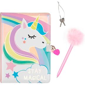 VOTUM Unicorn Treats Secret Diary Set: Girly Stuff, Heart Lock and Key Girl's Diary, Rainbow Fuzzy Journal for Girls with Pink Pom Pom Pen, Gifts for Girls 8-10