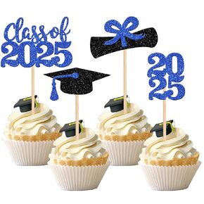 36 PCS 2025 تخرج موضوع Cupcake Toppers Class Glitter of 2025 التخرج Cap Diploma Cupcake اختيارات 2025 تخرج موضوع الديكور كعكة الإمدادات الأزرق العميق