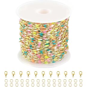 13 Feet Colorful Chains for Jewelry Making Rainbow Oil Drip Chain Bulk on Spool Gold Plated Brass Chain Enamel Jewelry Chain Roll with Clasps for DIY Jewelry Making Supplies