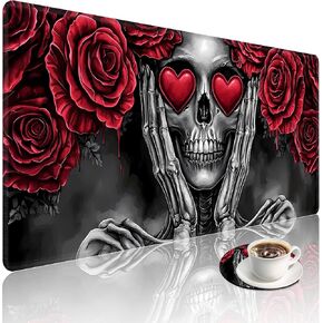 Large Desk Mat with Stitched Edges, Red Roses Skull Office Desk Pad, Anime Gaming Mouse Pad, Extended Keyboard and Mouse Mat,35.4x15.7 inch Waterproof Desk Writing Pad for Office and Home