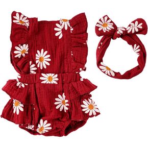 BABESIDE 2 Pcs Reborn Baby Doll Clothes with Baby Doll Headband for 17-22 Inch Dolls, Floral Patterns Baby Doll Clothing Doll Accessories Set for Newborn Baby Dolls, Wine Red