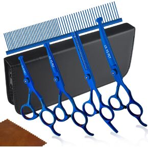 Safety Round-tip Scissors Set Professional PET Dog Grooming Coated Titanium Scissors Suit Cutting&Curved&Thinning Shears (Blue)