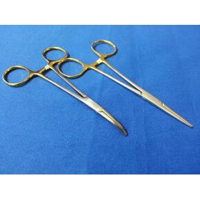 2 PCS Gold Handle Premium Quality Pet grooming hair puller Locking Hemostat Forceps Pliers STRAIGHT + CURVED 5" (HTI BRAND)