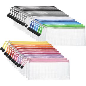 HARFINGTON 28pcs Mesh Zipper Pouch Bags 9.4" x 4.3" Plastic Waterproof Mesh File Bag Clear Document Zipper Pouches for Classroom Home Travel Office Supplies Organization, 12 Colors