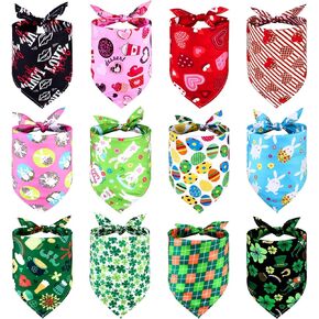 12Pcs Pet Bandanas,4 Valentine's Day Heart Dog Bandanas Triangle Dog Scarf,4 Easter Egg Rabbit Pattern Pink Dog Scarf,4 St. Patrick's Day Dog Collar Scarf,Pet Neckerchief for Pet Costume Accessories