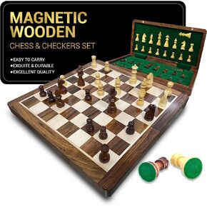 12 Inches Magnetic Wooden Chess Board Set - 2 Extra Queens - Folding Board - Pieces Storage Slots, Handmade Portable Travel Chess Game - Beginner Chess Set for Kids - Folding Portable Chess Game