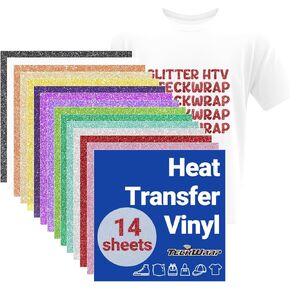 TECKWRAP Glitter Heat Transfer Vinyl Sheets, 17 Assorted 12" x 10" Glitter HTV Vinyl Sheets for T-Shirts, Bags, and More, Glitter Iron on Vinyl Suitable for Most Cutter Machine, Easy to Cut & Weed