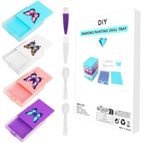 4Pcs Diamond Art Painting Trays Organizer with Lid, Diamond Art Accessories Trays with Brush & Spoon, Butterfly Rhinestone Tray Sorter for DIY Art Craft Supplies (4 Colorful - Box Set)