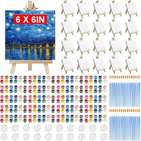 20 Pack 6x6in Canvas Painting Kit for Kids, Small Canvases with Wood Easels, Acrylic Paints, Brushes and Palettes, Acrylic Paint Party Kit Mini Canvas and Easel Set for Kids Painting